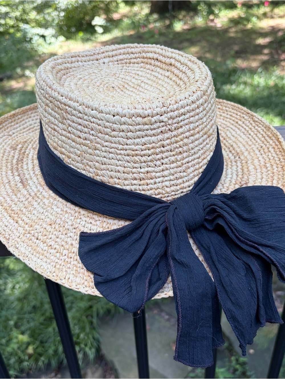 MANAROLA Scala Women's Hand Crocheted Raffia Gambler Sun Hat Black Sash